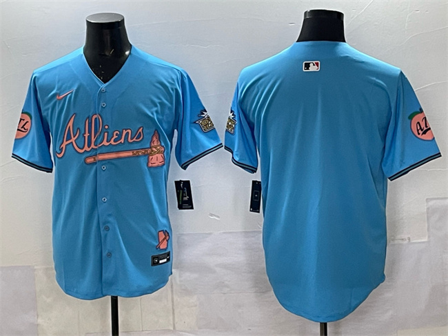 Men's Blue Atlanta Braves Blank 2024 Atliens & Peach With Outkast Patch Vapor Limited Stitched Baseball Jersey